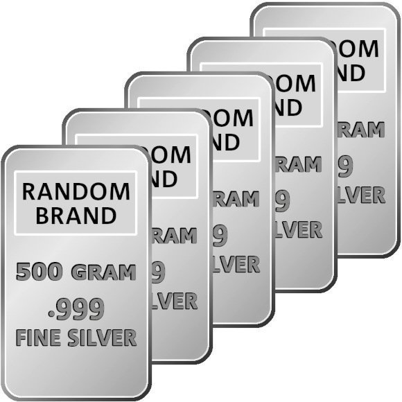 500グラム ランダムブランド シルバーバー 99.9%【5本】セット ※※ 純銀 インゴット ingot シルバーバー SILVER 500g -  野口コイン株式会社