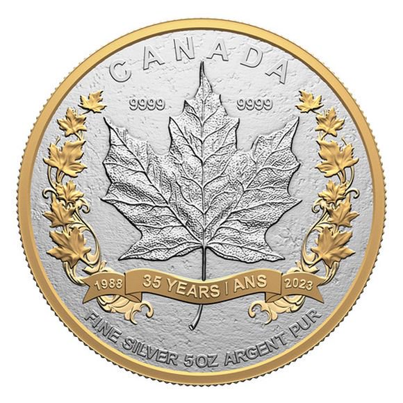 2023 157.6グラム カナダ シルバーメイプルリーフ 35周年記念 金メッキ