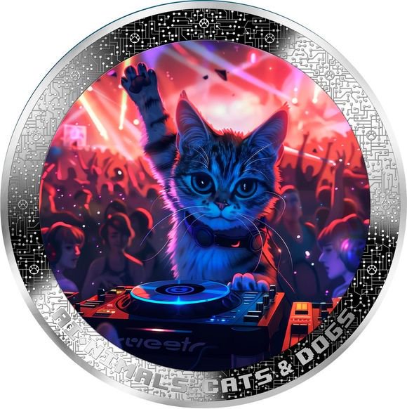 2025 1オンス カメルーン DJ猫：AI動物シリーズ 彩色 銀貨 プルーフ 【proof】 1000フラン 新品未使用 - 野口コイン株式会社