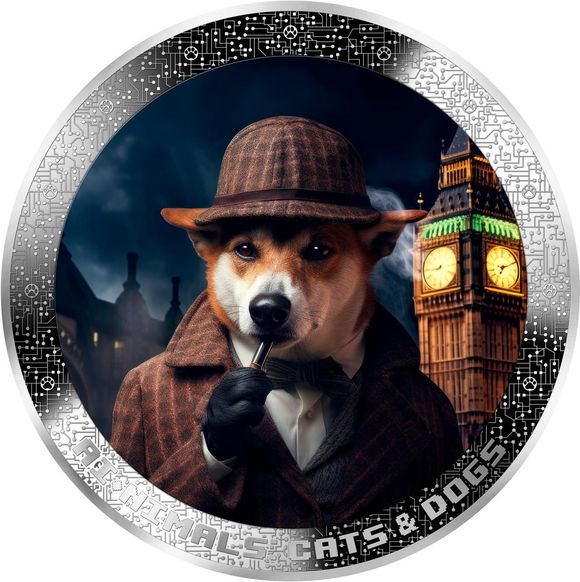 2025 1オンス カメルーン 探偵犬：AI動物シリーズ 彩色 銀貨 プルーフ 