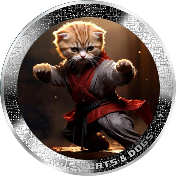 2025 1オンス カメルーン カンフー猫：AI動物シリーズ 彩色 銀貨 