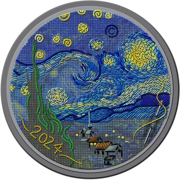 2024 3オンス パラオ 「星月夜」ゴッホ：ファイン刺繍アートシリーズ 彩色 シルク仕上げ 銀貨 20ドル 新品未使用 - 野口コイン株式会社