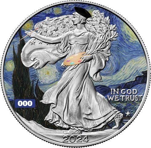 2024 1オンス アメリカ「星月夜」ゴッホ 彩色 銀貨 限定100個