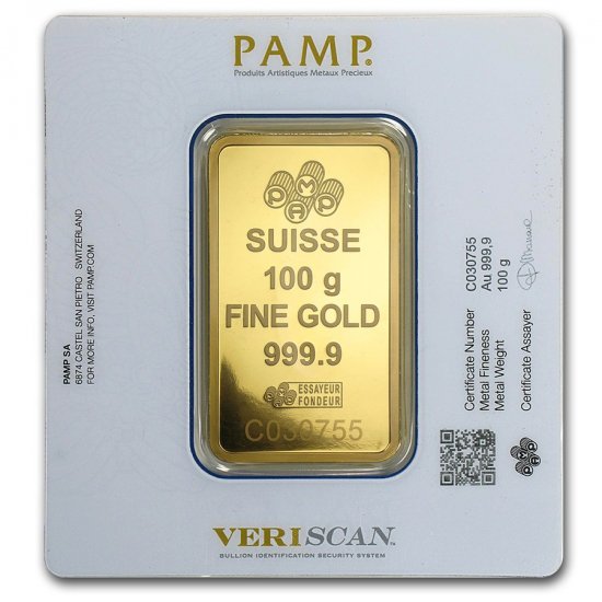 100 グラム スイス PAMP製 ゴールドバー (フォルトゥナ) - 野口コイン株式会社