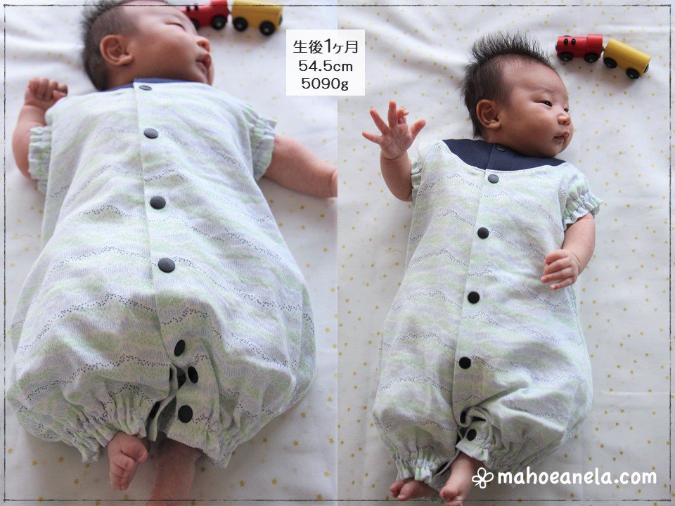 HINODEYAダブルガーゼ生地で手作りしたツーウェイオールを着た生後一ヶ月の赤ちゃん着用画像