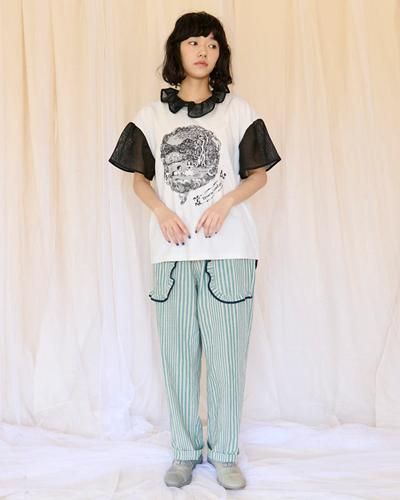 コットンリネンストライプのパジャマパンツ/グリーンストライプ