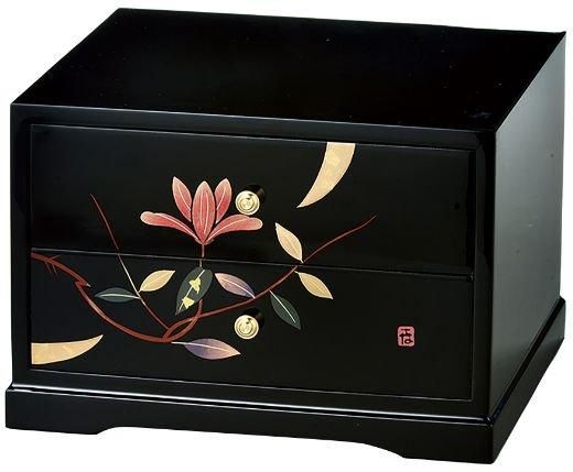 黒 二ツ引タンス 華もくれん（手描） - 会津漆器と会津工芸品