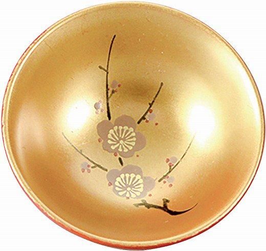 金欄手 大器 朱色漆器のボウル 金色装飾 松竹梅 金地 1.8 小盃 3P 松竹梅（手描） 3客 - 会津漆器と会津工芸品