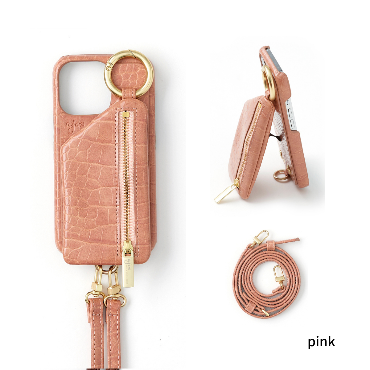 【ひも付きクロコ】 iPhone13Pro / pink (発送はご注文から3営業日以内です) - ajew