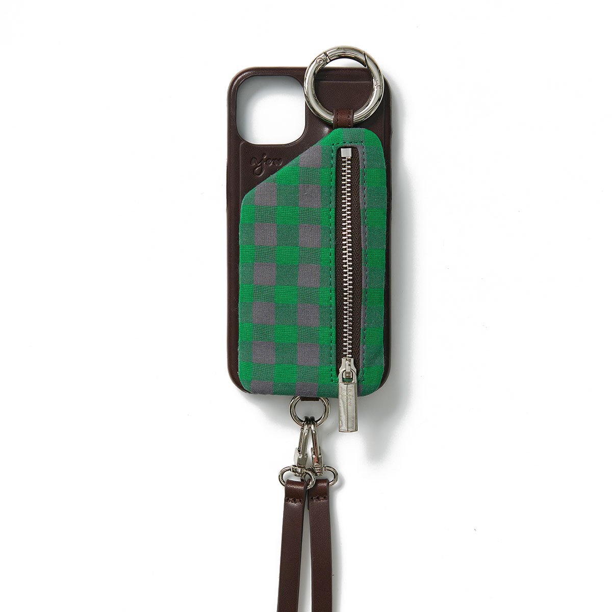 TANチェックレザー】 iPhone14 / brown (green check) (発送はご注文