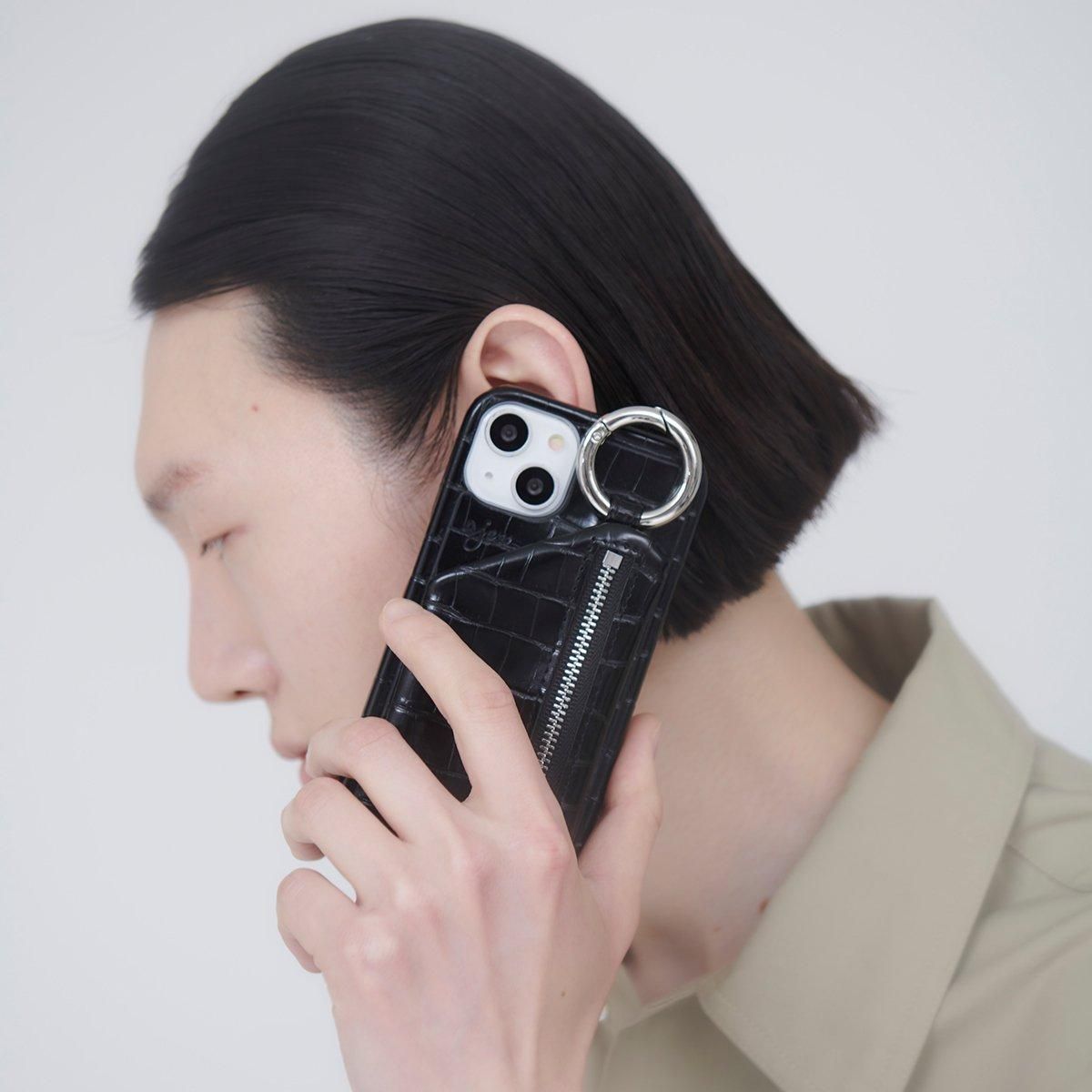 iPhone15 / black 【ひも付きクロコ】 (発送はご注文から3営業日