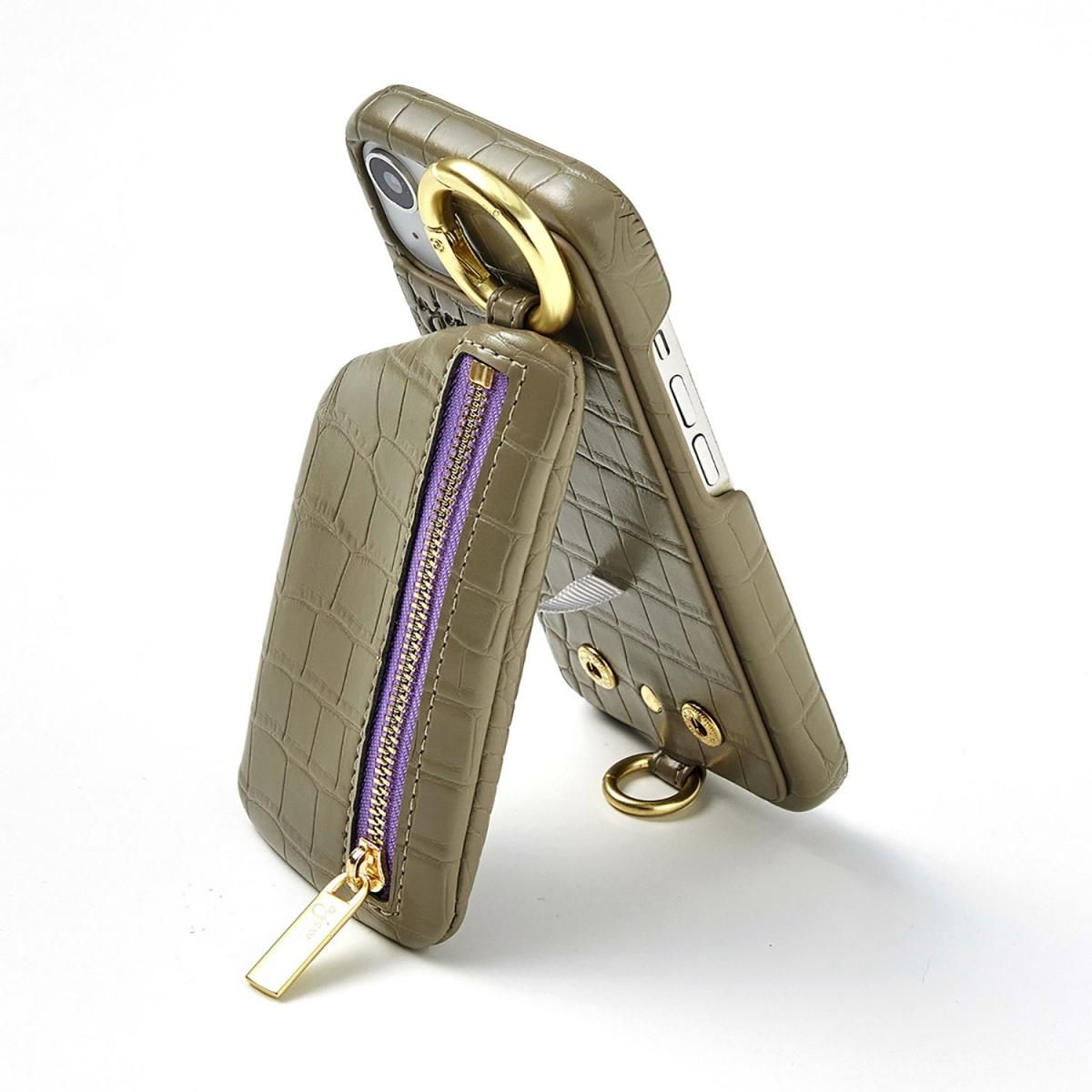 iPhone16Pro / sage green 【ひも付きクロコ】 (発送はご注文から3営業