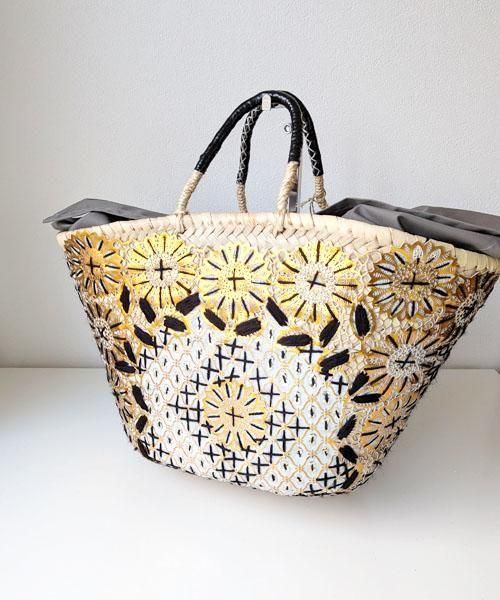 マルシェバックM/花モチーフ ブラック×ゴールド - モロッコ雑貨