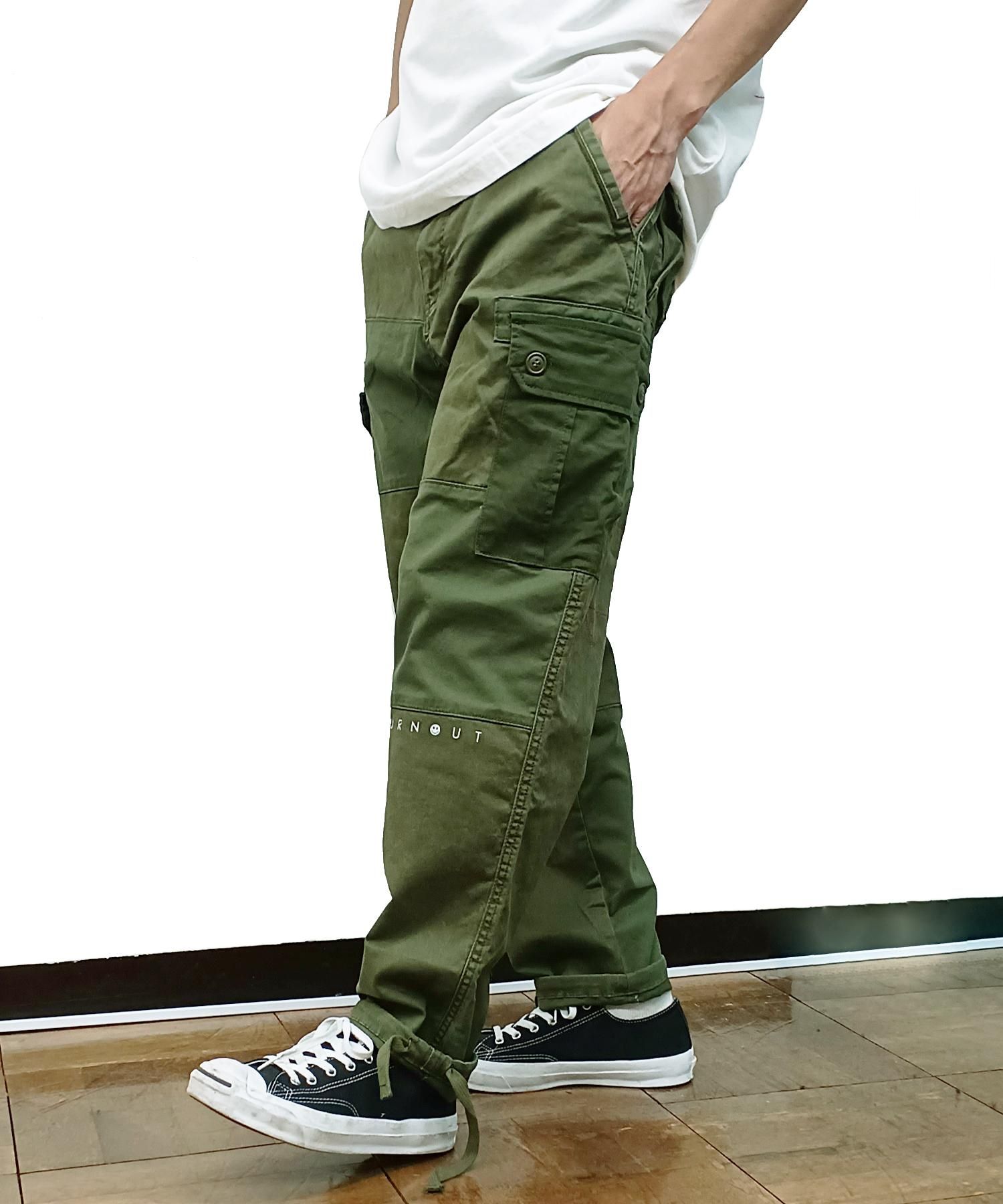 【激レア】バーンアウト　カーゴパンツ　サイド紐　裾ジップアップタイプ　美品 HOOK-】 アメカジサイドビッグポケット裾絞りカーゴパンツ