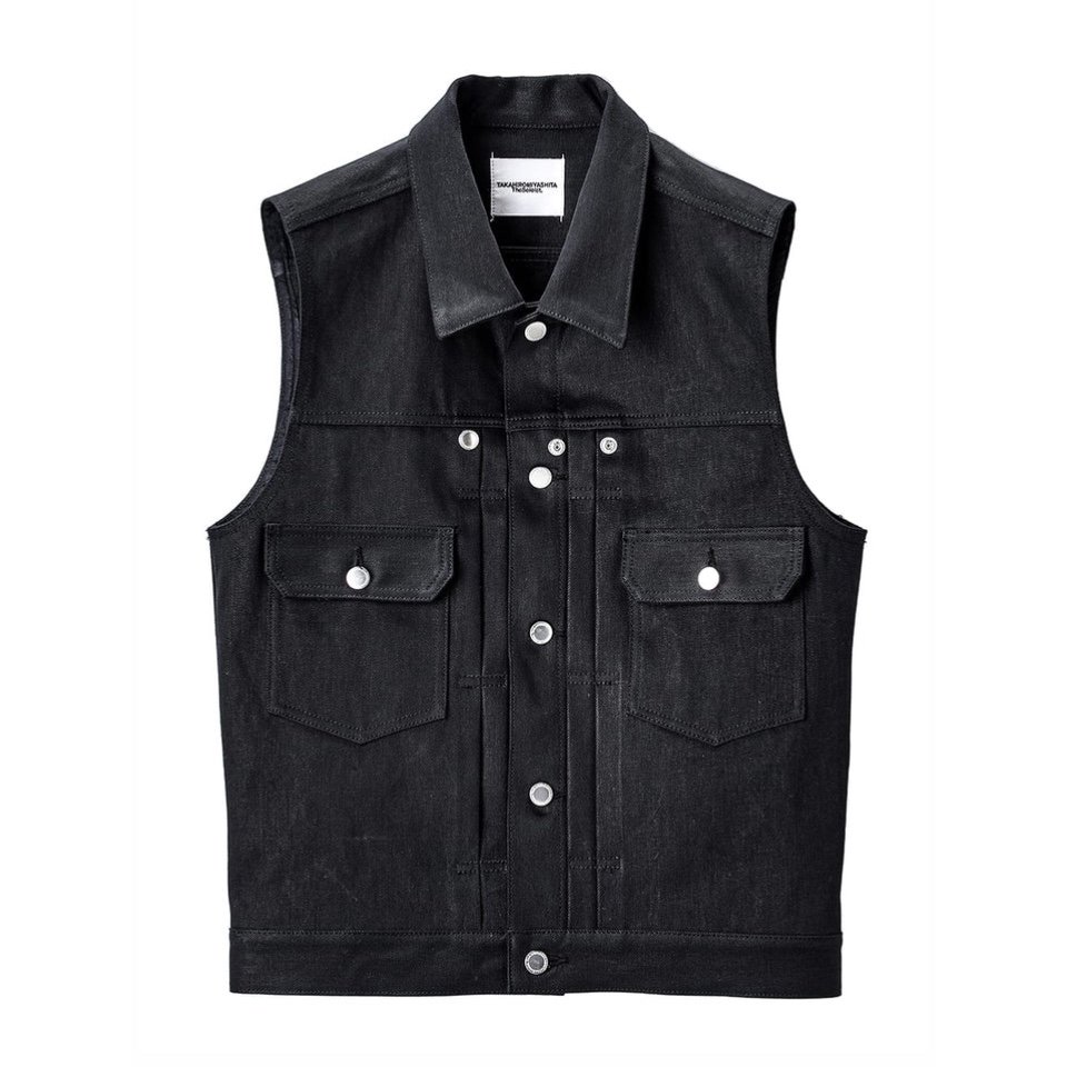 sj.0020b right - left sleeveless jean jacket. (black.)