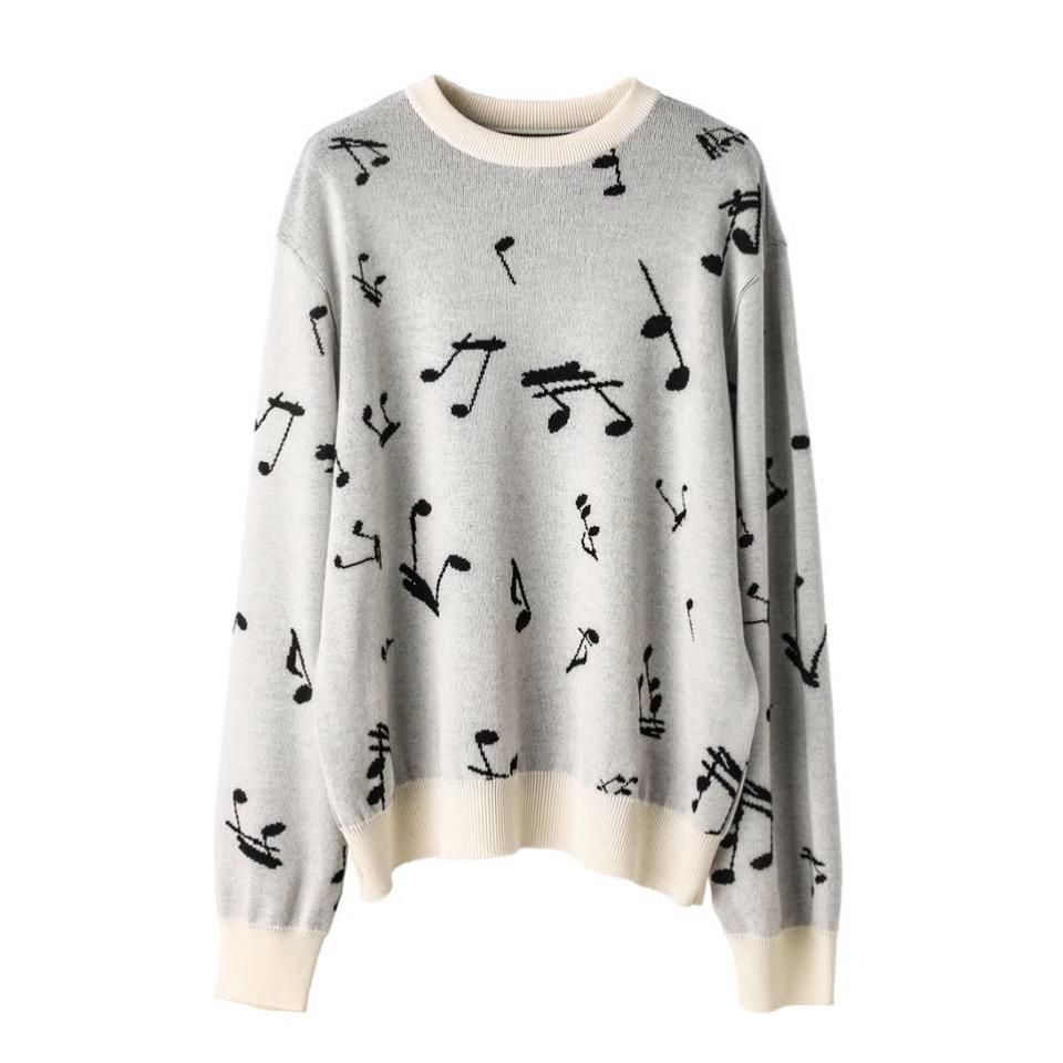 sk.0015 music note pattern crew neck sweater. (white black)