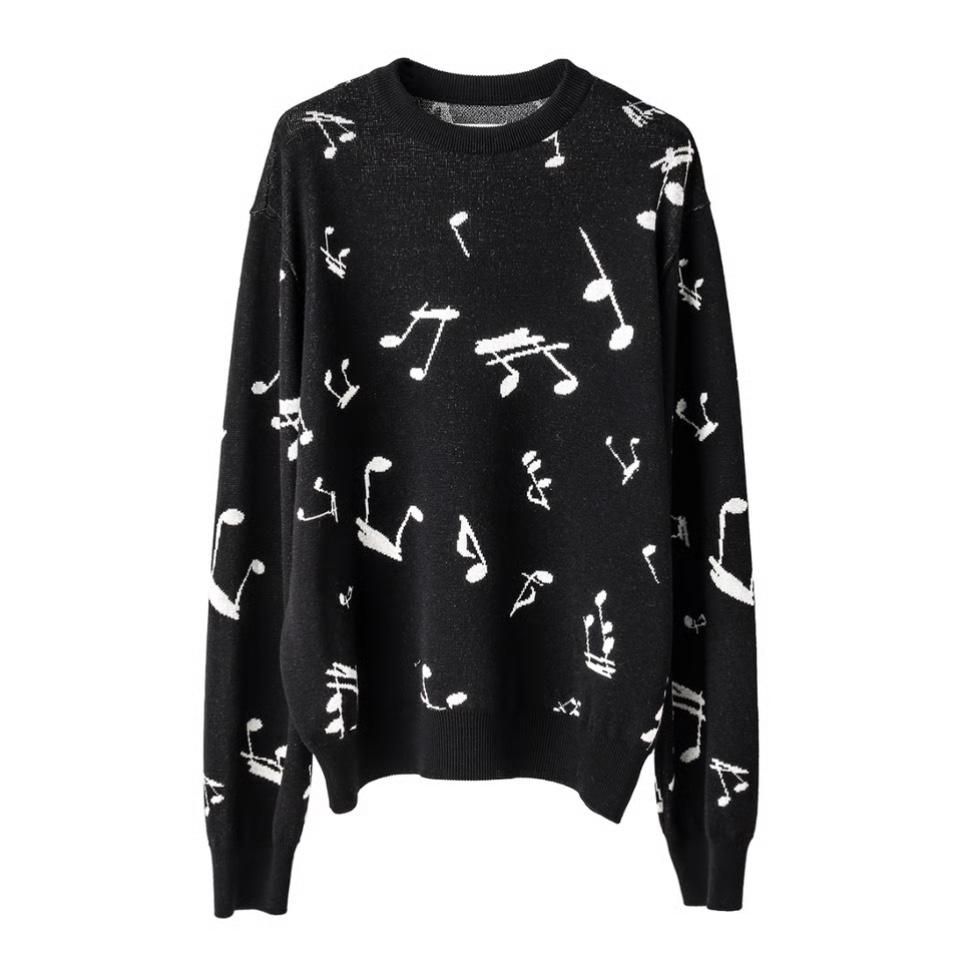 sk.0015 music note pattern crew neck sweater. (black white)