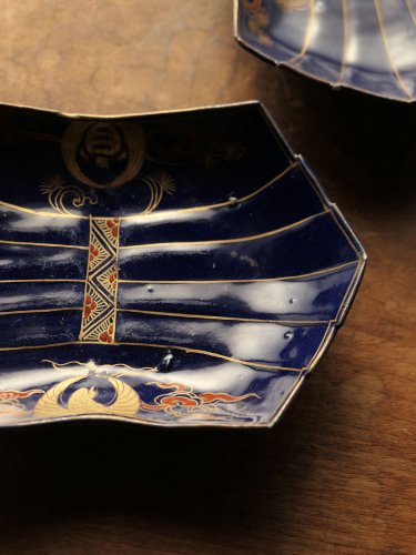 江戸時代末期頃・白磁・瑠璃・鶴亀・金襴手・琴・夫婦・皿 | Sara,2set,Imari,porcelain,cir1900