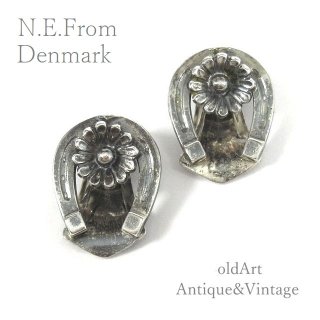 北欧デンマーク製N.E.From1950-60年代ヴィンテージ馬蹄ホースシューフローラルシルバー銀製クリップイヤリング【M-15132】