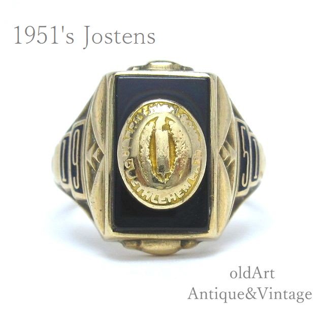 USA製1951年ヴィンテージJOSTENS社オニキススクエア10金無垢メンズカレッジリング指輪10Kゴールド【8号】【M-15165】-Antique  & VIntage shop oldArt オールドアート