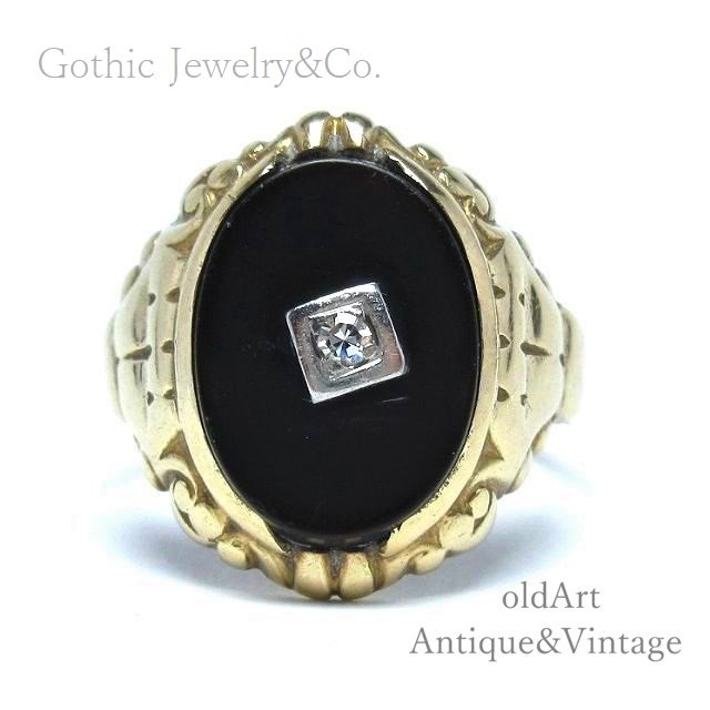 USA製GOTHIC社1930年代アンティークオニキスダイヤモンド彫刻メンズ