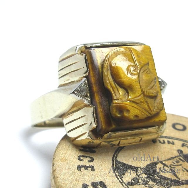 USA製1940年代DASON社ヴィンテージローマ神話マルス騎士タイガーアイ彫刻カメオメンズリング指輪【10金無垢/10Kゴールド】【29号】【M-15273】@