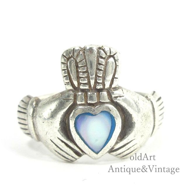 アイルランド製伝統的な指輪Claddagh Ringクラダリングマザーオブパールスターリングシルバー製ホールマーク刻印【14号】【N-21968】  -Antique & Vintage shop oldArt オールドアート