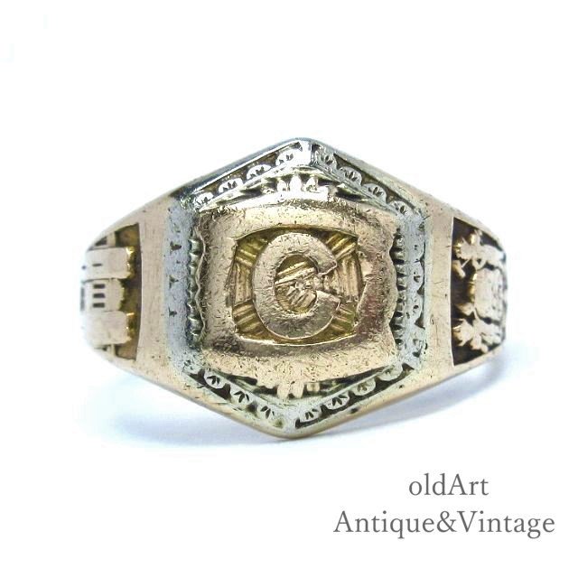 USA製1930年アンティークイニシャルC彫刻カレッジリング指輪【10金無垢