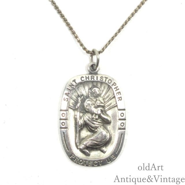 USA製ヴィンテージキリストSt.Christopher聖クリストファースターリングシルバー製メダイペンダントネックレス【N-25468】-Antique  & Vintage oldArt オールドアート