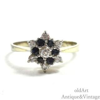 英国イギリス1991年製造ヴィンテージサファイアFlowerクラスターリング指輪/ホールマーク刻印【SILVER925】【20.5号】【N-27663】@