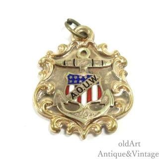 USA製1890-1920年代アンティークOrder of United Workmen錨アンカー金張りエナメルフォブペンダント【N-27753】