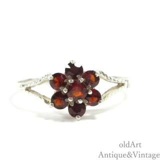 英国イギリス1982年製造ヴィンテージガーネットフラワークラスターリング指輪/ホールマーク刻印【SILVER925】【25号】【N-27787】@