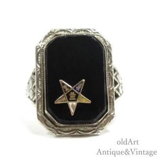 USA製ヴィンテージ1930-40年代フリーメイソンイースタンスター逆五芒星STERLINGシルバー製オニキス透かしリング指輪【15号】【N-27817】