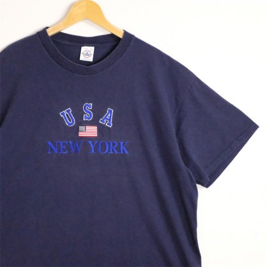 メンズUS-XLサイズ 90's 00's クルーネック半袖Tシャツ USA NEW YORK 刺繍ロゴ ネイビー t-2037n -  大きいサイズのアメリカ古着専門店 Canopus(カノープス)