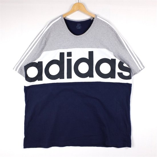 adidas 半袖ロゴプリントTシャツ 3ライン メンズUS-4XLTサイズ グレー