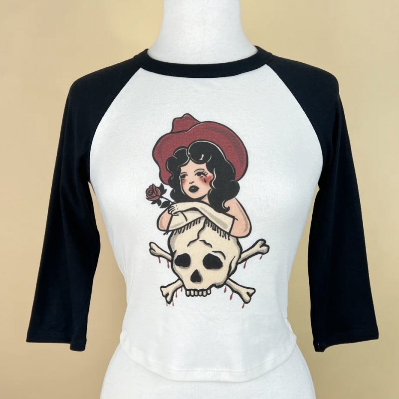 Mischief Made COWGIRL TEARS CROPPED BABY 3/4 RAGLAN TEE IN NATURAL/BLACK -  Psycho Apparel Web Store