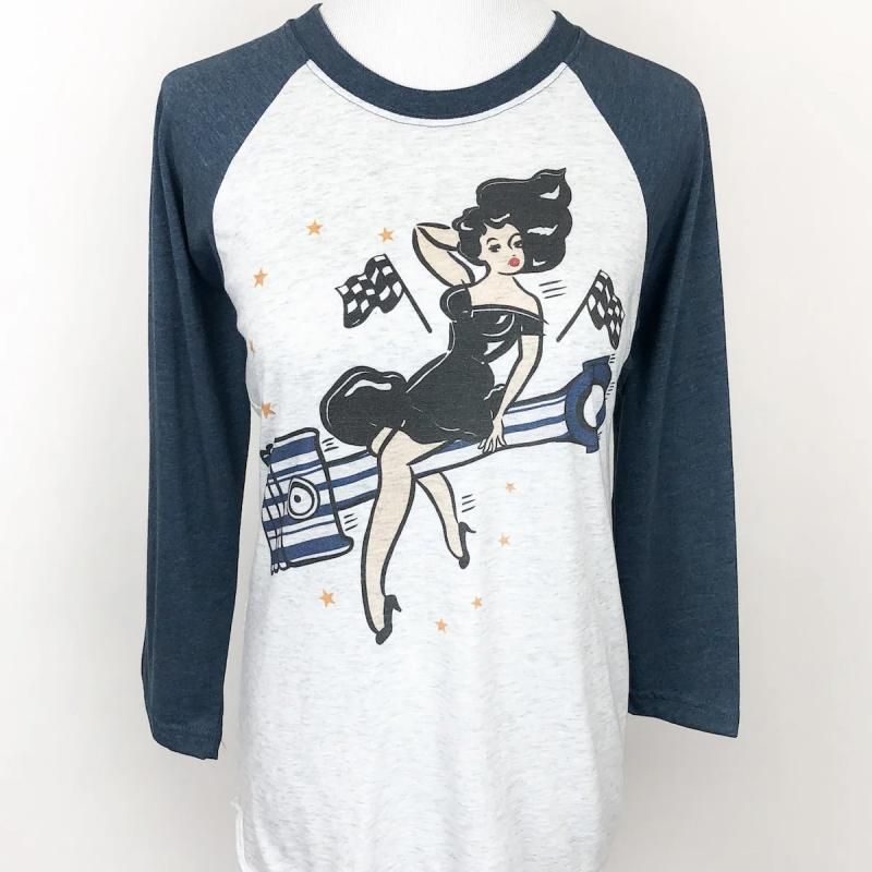 Mischief Made JOY RIDE UNISEX RAGLAN TEE IN HEATHER WHITE/INDIGO