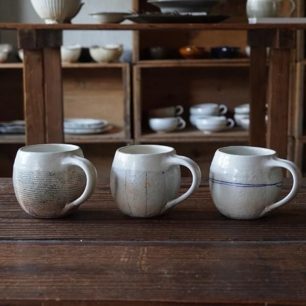 古谷製陶所】手付丸形スープカップ（ 渕荒横彫 / たて鉄線 / ゴス線 ）