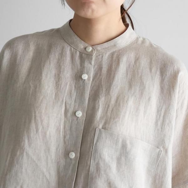 HUIS.】U112 8分袖シャトルリネンバンドカラーブラウス (きなり