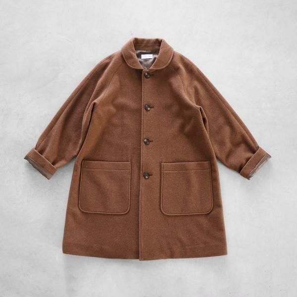 ★【HUIS.】316 “HUIS×尾州”縮絨ウールフランネルミドルコート (ブラウン)【ユニセックス】▽