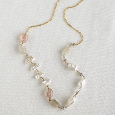 Sunstone and pearl necklace 46cm