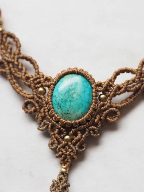 マクラメ編みネックレス ターコイズ&サンストーン（インド産）&真鍮