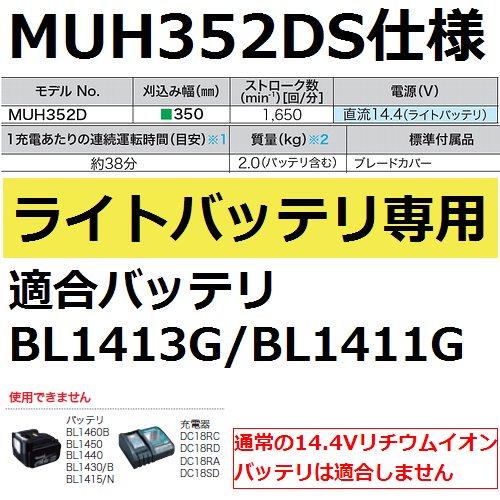 マキタ(makita)MUH352DSライトバッテリ14.4V専用 充電式生垣バリカンセット刈込幅350mm 最大切断径15mm - 佐勘金物店