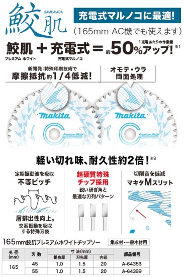 【全国450円メール便可*】マキタ(makita)A-64369プレミアムホワイトチップソー165mm  刃数55(鮫肌チップソー)(*ゆうパケット規定寸法を超過はご連絡/非対応品との併用不可) - 佐勘金物店