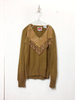 Suede switching fringe knit sweater