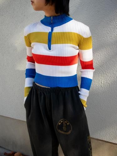 MULTI STRIPE HALF-ZIP RIB KNIT
