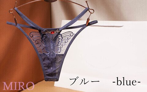 バタフライ刺繍のビジュー付きTバックショーツ（ブルー）