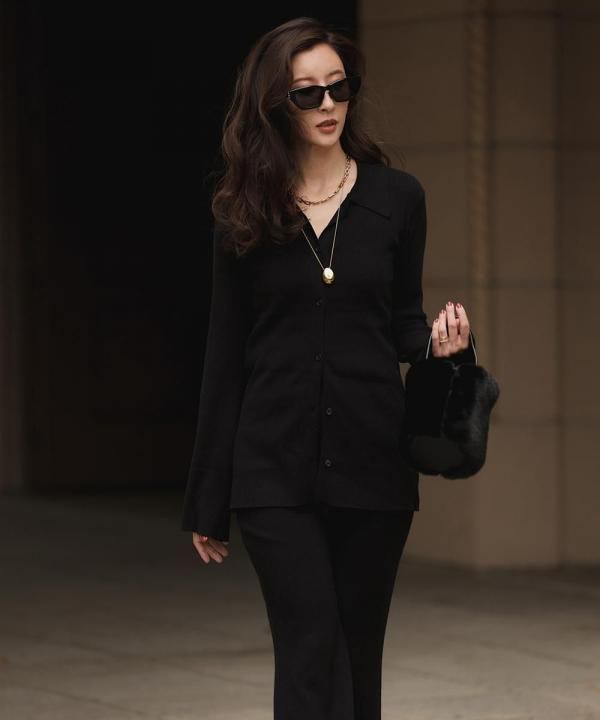 Rib polo knit cardigan set up