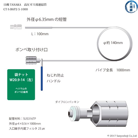 日酸TANAKA ヘリウムガス用連結管 CT-S-B6P2-5-1000 変換継手付き