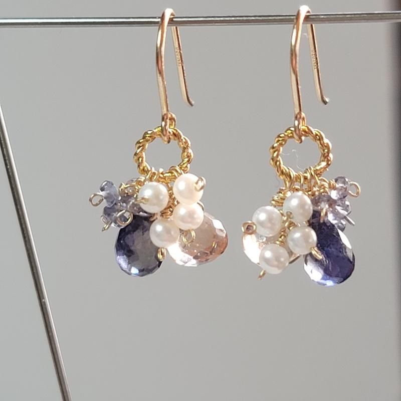 高品質 アイオライト ブラウントパーズ 淡水パール ピアス 14kgf | 多